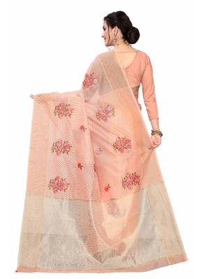Orange Embroidered Super Net Saree With Blouse 4