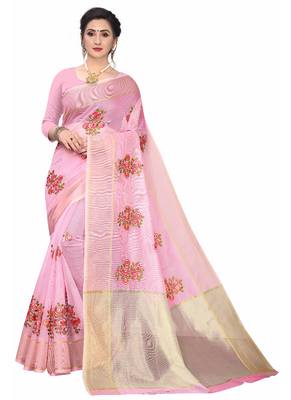 Pink Embroidered Super Net Saree With Blouse 1