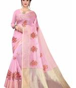Pink Embroidered Super Net Saree With Blouse