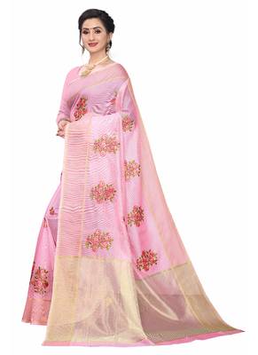 Pink Embroidered Super Net Saree With Blouse 2