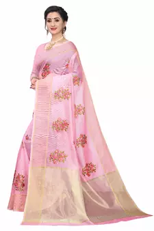 Pink Embroidered Super Net Saree With Blouse