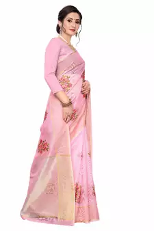 Pink Embroidered Super Net Saree With Blouse
