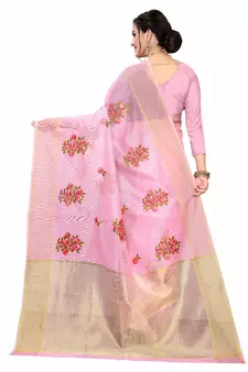 Pink Embroidered Super Net Saree With Blouse