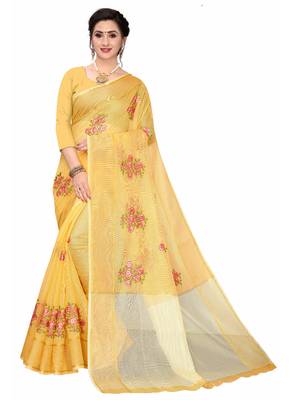 Yellow Embroidered Super Net Saree With Blouse 1