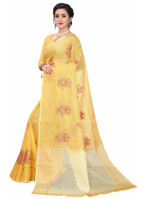 Yellow Embroidered Super Net Saree With Blouse 2