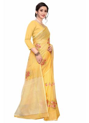 Yellow Embroidered Super Net Saree With Blouse 3