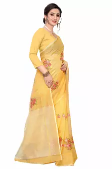 Yellow Embroidered Super Net Saree With Blouse