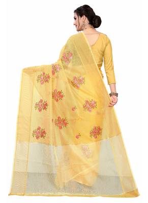 Yellow Embroidered Super Net Saree With Blouse 4