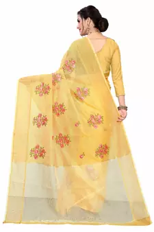 Yellow Embroidered Super Net Saree With Blouse