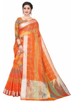 Orange woven cotton saree with blouse 1