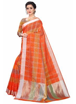 Orange woven cotton saree with blouse 2