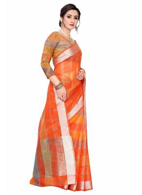 Orange woven cotton saree with blouse 3