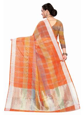 Orange woven cotton saree with blouse 4