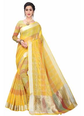 Yellow Woven Cotton Saree With Blouse 1