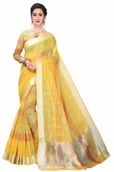 Yellow Woven Cotton Saree With Blouse