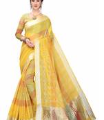Yellow Woven Cotton Saree With Blouse