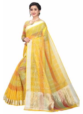 Yellow Woven Cotton Saree With Blouse 2