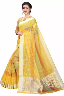 Yellow Woven Cotton Saree With Blouse