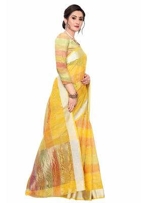 Yellow Woven Cotton Saree With Blouse 3