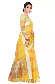 Yellow Woven Cotton Saree With Blouse