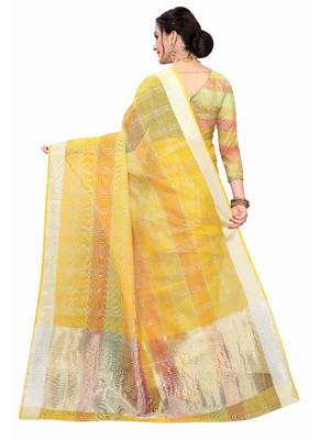 Yellow Woven Cotton Saree With Blouse 4