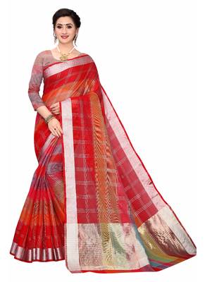 Red Woven Cotton Saree With Blouse 1