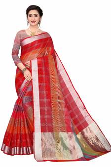 Red Woven Cotton Saree With Blouse