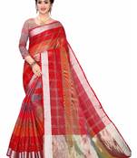 Red Woven Cotton Saree With Blouse