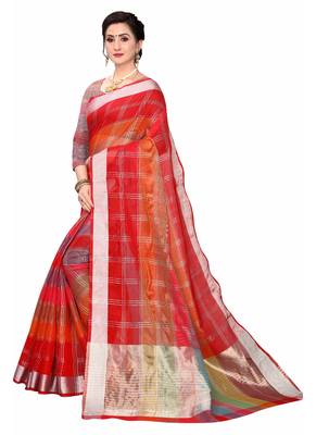 Red Woven Cotton Saree With Blouse 2