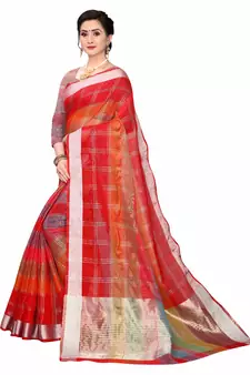 Red Woven Cotton Saree With Blouse