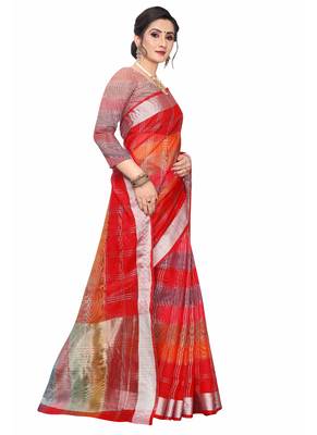 Red Woven Cotton Saree With Blouse 3