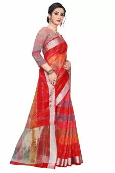 Red Woven Cotton Saree With Blouse
