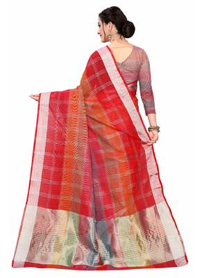 Red Woven Cotton Saree With Blouse 4
