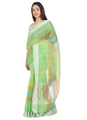Green Woven Cotton Saree With Blouse 2