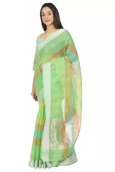 Green Woven Cotton Saree With Blouse