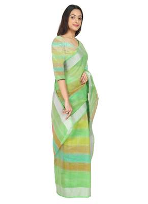 Green Woven Cotton Saree With Blouse 3