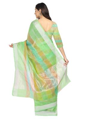 Green Woven Cotton Saree With Blouse 4
