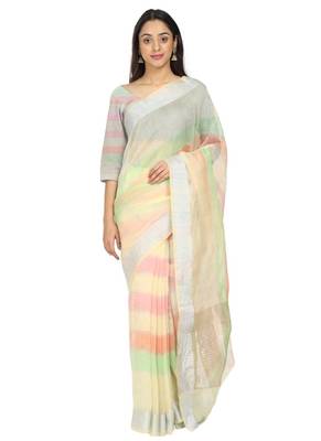 White Woven Cotton Saree With Blouse 1