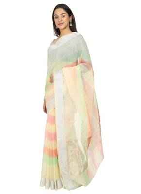 White Woven Cotton Saree With Blouse 2