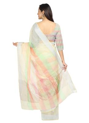 White Woven Cotton Saree With Blouse 4