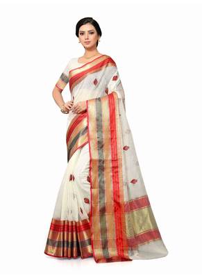 Off-White Woven Cotton Saree With Blouse 1