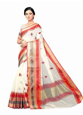 Off-White Woven Cotton Saree With Blouse 2