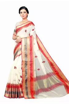 Off-White Woven Cotton Saree With Blouse