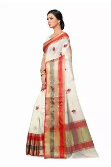 Off-White Woven Cotton Saree With Blouse