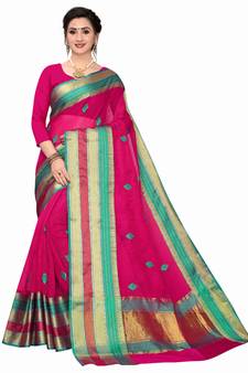 Pink Woven Cotton Saree With Blouse