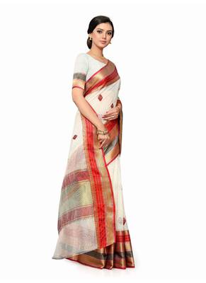 Off-White Woven Cotton Saree With Blouse 4