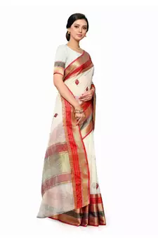 Off-White Woven Cotton Saree With Blouse