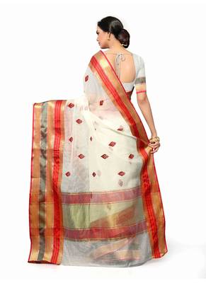 Off-White Woven Cotton Saree With Blouse 5