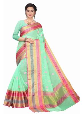 Light Green Woven Cotton Saree With Blouse 1