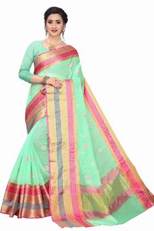 Light Green Woven Cotton Saree With Blouse